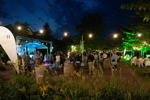 Abendveranstaltung im Garten mit Live-Musik, Lichterketten und gemütlicher Atmosphäre.